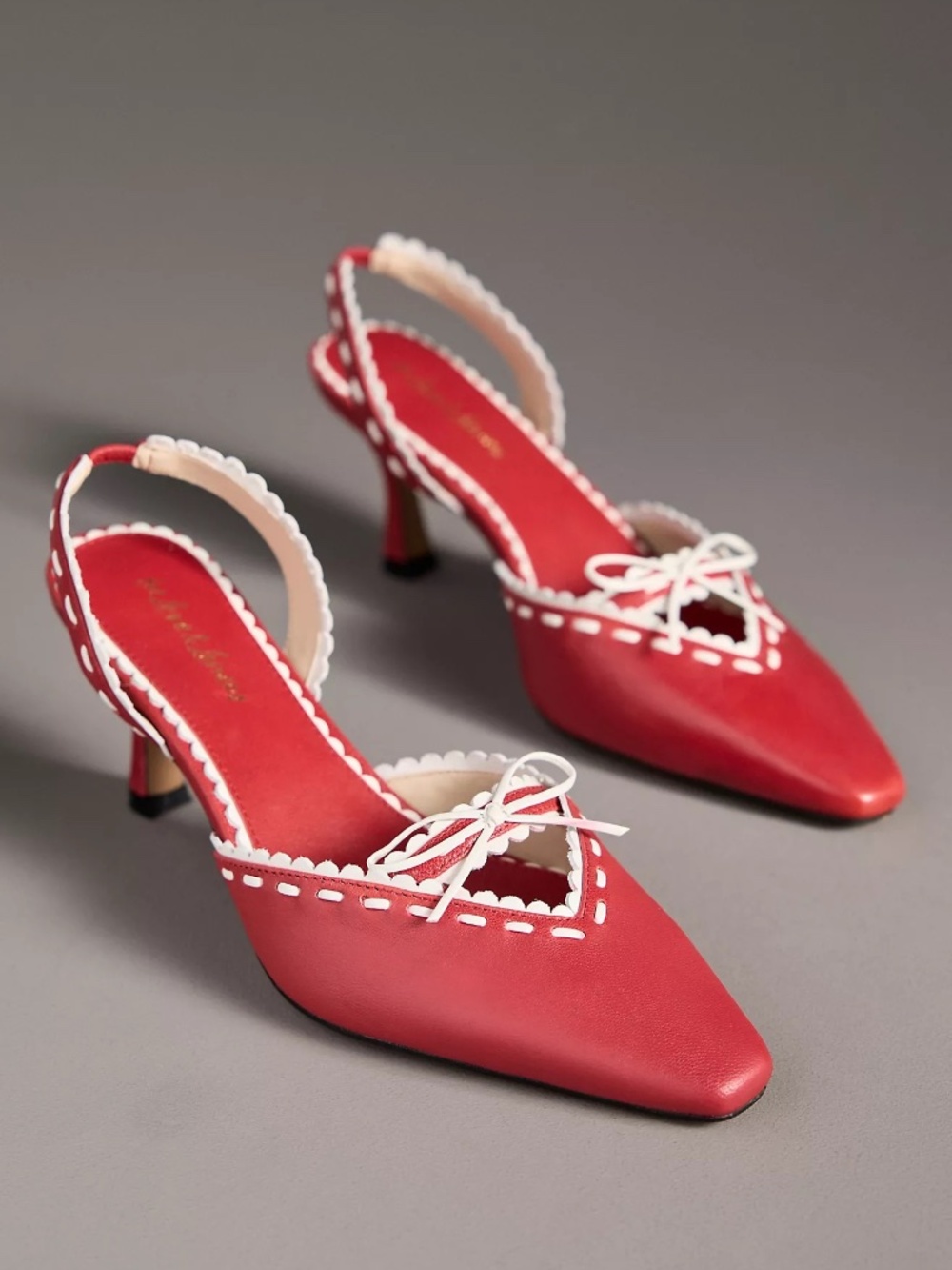 For Love And Lemons Red and White Scalloped Slingback Heels